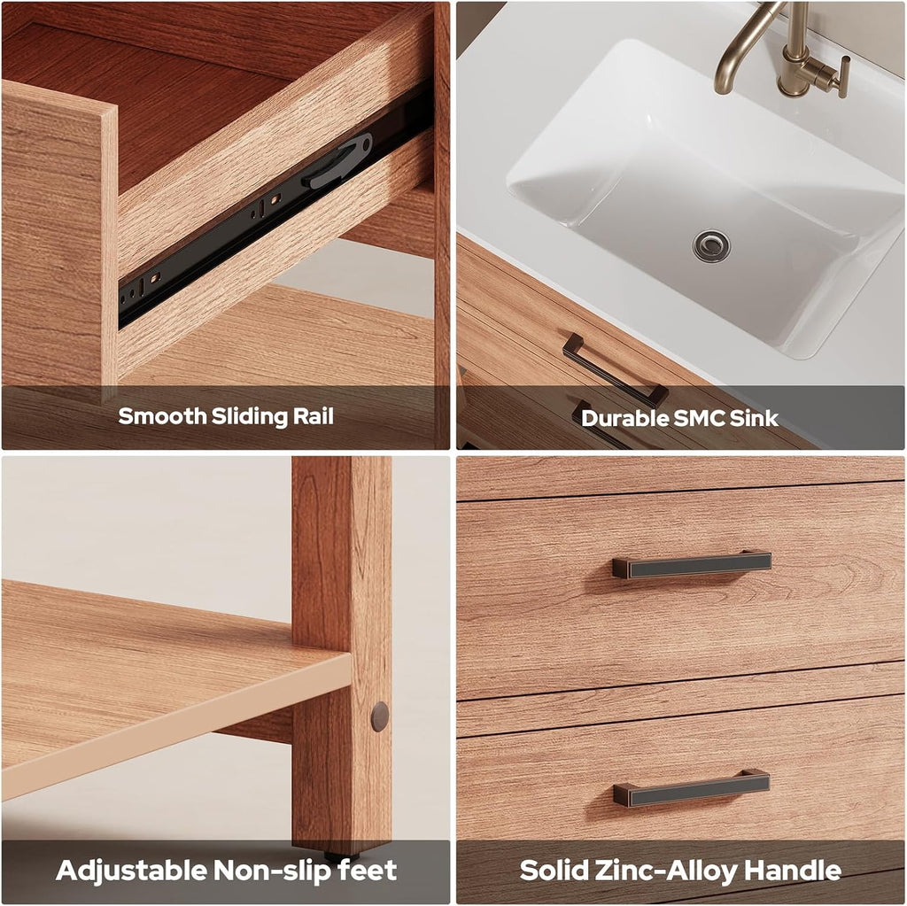 30 Inch Poly Lumber Bathroom Vanity with Sink Combo, Waterproof Freestanding Cabinet, SMC Resin Countertop with 2 Drawers & Open Storage Shelf, Adjustable Feet, Zinc-Alloy Handles, Teak Color