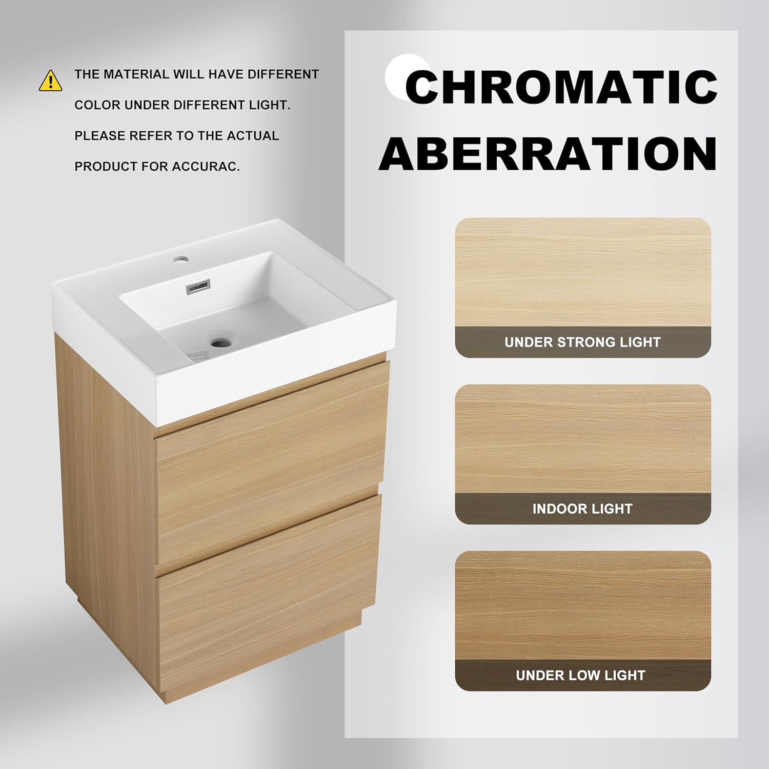 24 Inch Bathroom Vanity with Sink, Freestanding Single Sink Bathroom Vanity with Soft Closed Drawers, Integrated Sink, Engineered Wood Bathroom Sink Vanity (Oak)