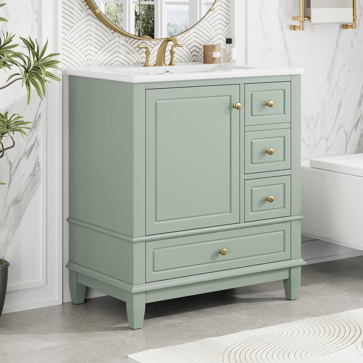 Christopher Knight Home 30' Bathroom Vanity with Top, Ceramic Sink, 3 Drawers and 1 Soft Closing Door with Shelf, Solid Wood Legs, Green