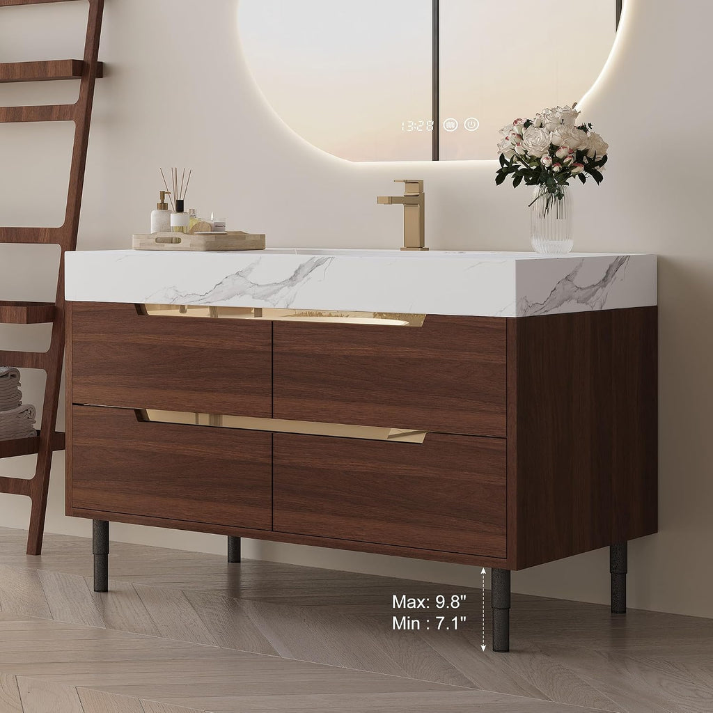 36' Bathroom Vanity with Undermount Sink Set, Modern 2-IN-1 Wall Mounted & Freestanding Bathroom Vanities Cabinet with Sintered Stone top&4 Storage Drawers, Walnut Single Bathroom Sink Cabinet