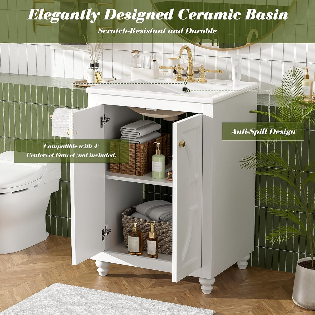 VilroCaz 24' Modern Bathroom Vanity with Ceramic Sink, Ornate Elliptical Motif Design & Soft-Close Hinges, Wood Bathroom Cabinet with Ball-Turned Legs, French Elegance (White-Ele)
