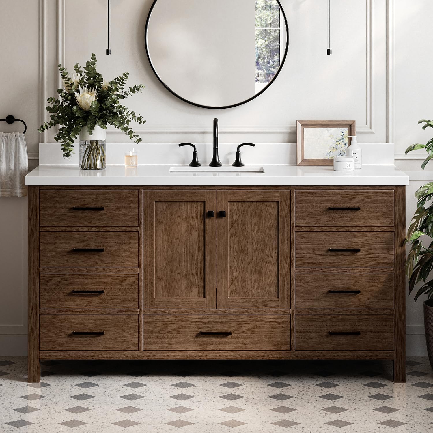 ARIEL Cambridge 66-inch Bathroom Vanity with Sink,Solid Wood, 1.5-inch Pure White Quartz Countertop, Single Rectangular Porcelain Sink, 2 Soft Closing Doors, 9 Dovetail Drawers, Brown Oak