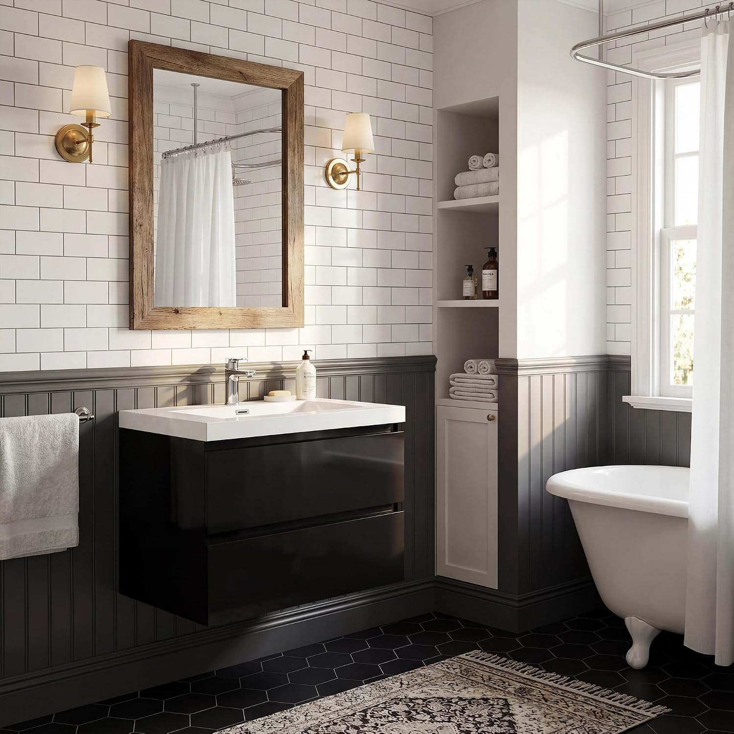 Neftis 24-Inch Floating Vanity with Sink, Pre-Assembled Modern Bathroom Vanity Sink Combo with Storage, Soft-Closing Drawers, One-piece Countertop White Resin Sink, Glossy Black Vanity for Bathroom