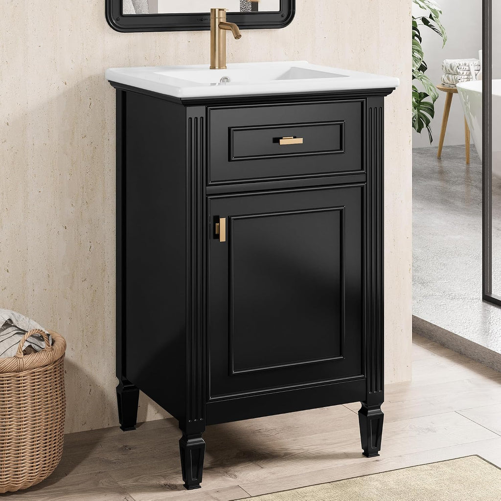 VilroCaz 20'' Bathroom Vanity with Sink, Freestanding Storage Cabinet with Tilt-Out Drawer, Adjustable Shelf and Solid Wood Legs for Small Bathroom (Black-4.10)