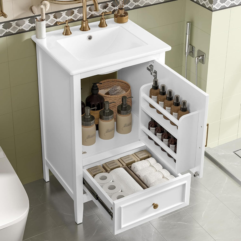 20-inch Bathroom Vanity with Sink Combo, Free-Standing Single Bathroom Storage Cabinet with Soft Closing Door, Storage Rack, and Drawer, Vanity with Ceramic Basin for Bathroom (White)