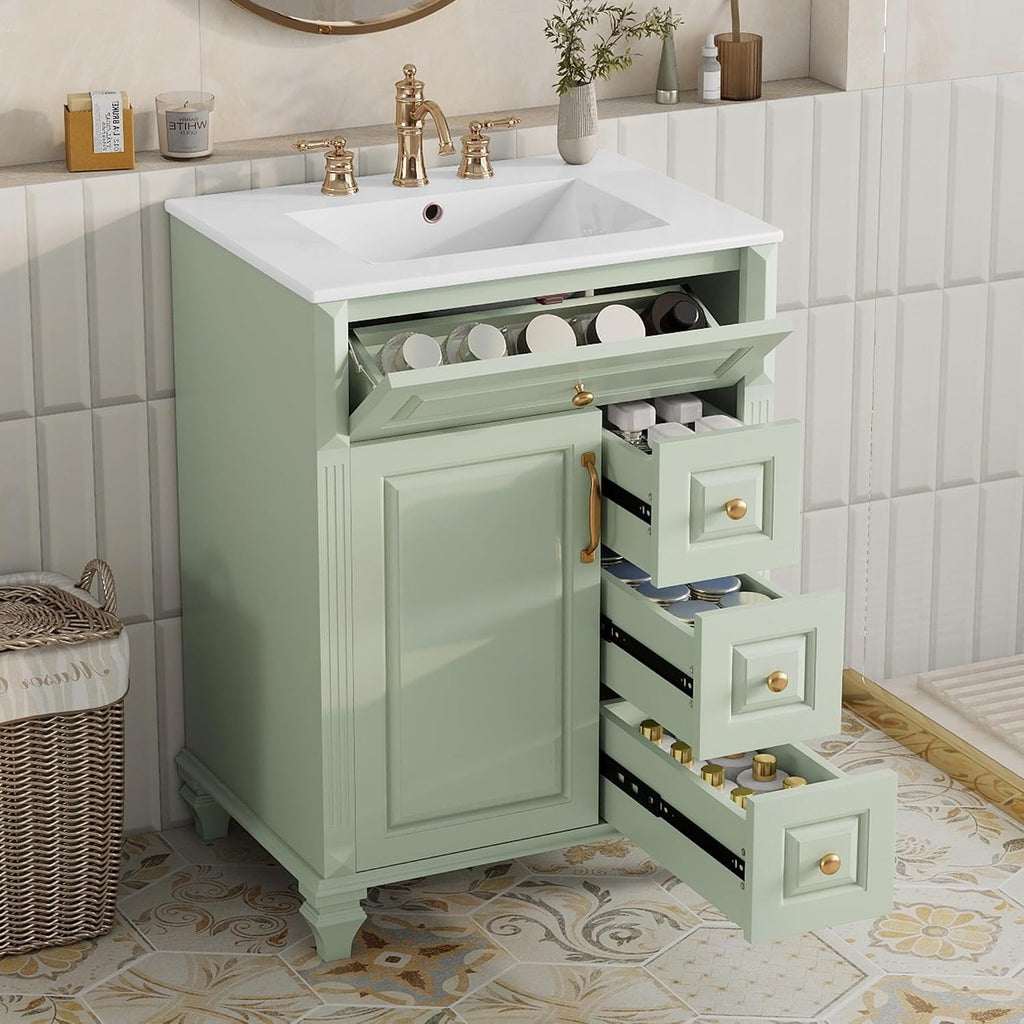 24' Bathroom Vanity with Sink & Countertop Modern Single Sink Vanity with 1 Flip-Out Drawer & 3 Drawers & Door Racks Freestanding Bathroom Sink Cabinet Saving Space,Light Green