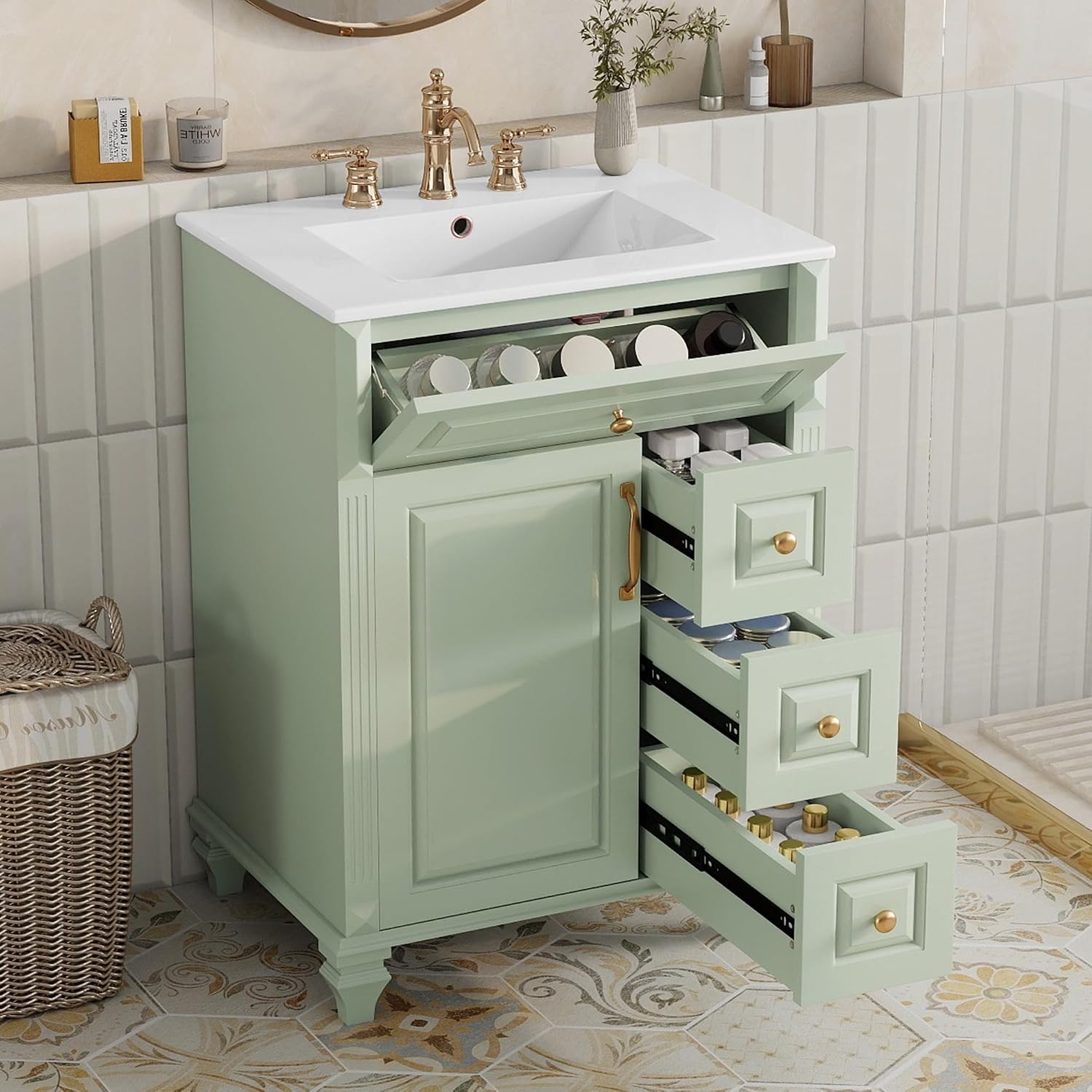24' Bathroom Vanity with Sink & Countertop Modern Single Sink Vanity with 1 Flip-Out Drawer & 3 Drawers & Door Racks Freestanding Bathroom Sink Cabinet Saving Space,Light Green