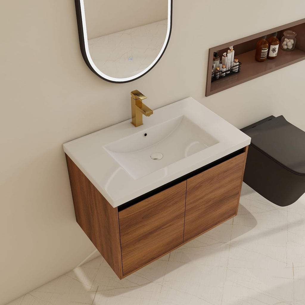 30 inch Bathroom Vanity with Sink, Wall-Mounted Floating Vanity with 2 Soft-Close Doors, Easy Assembly, Engineered Wood in Elegant Brown, Modern Style for Bathroom