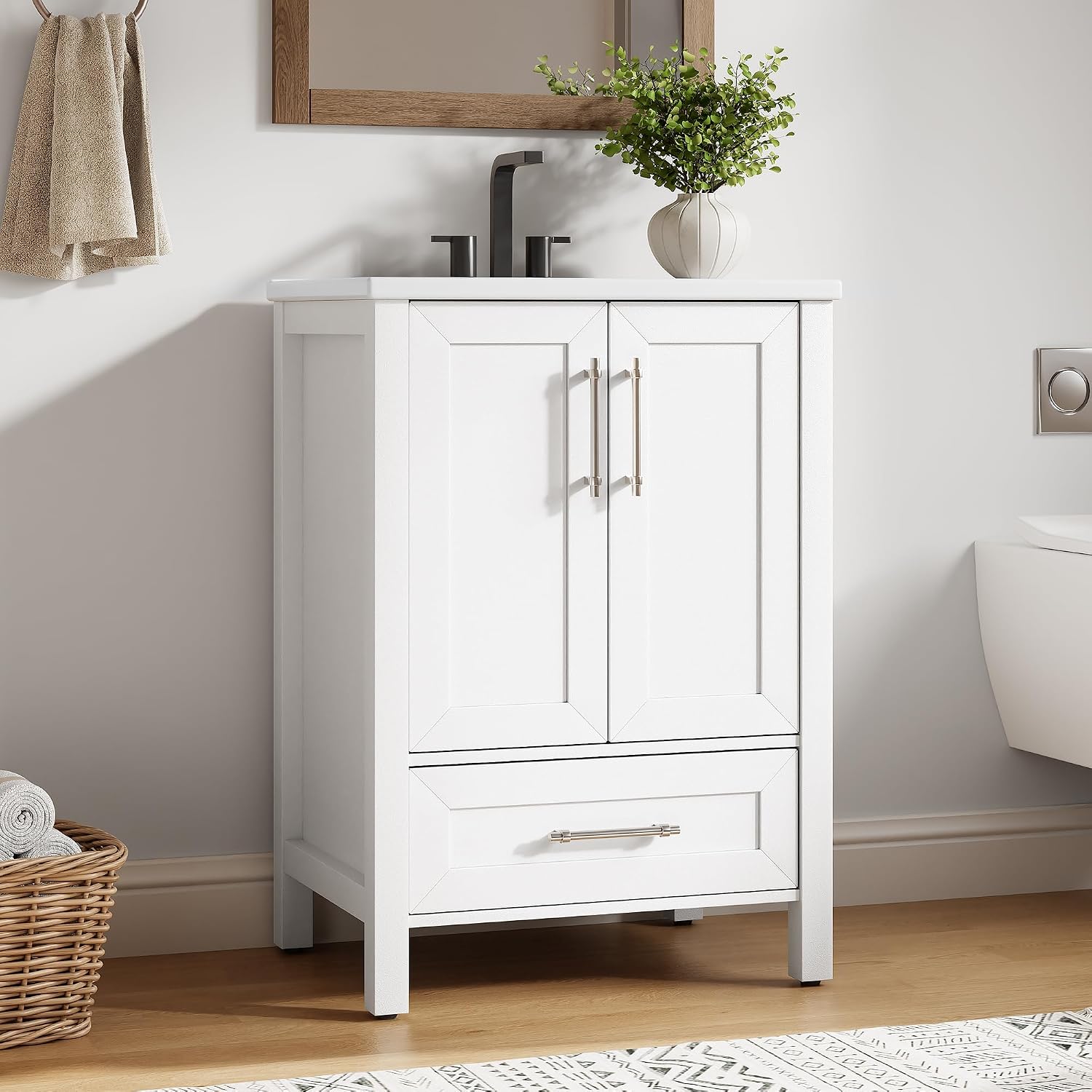 GarveeHome 24' Bathroom Vanity with Sink, Vintage Bathroom Cabinet Vanity with Doors & Drawers, Farmhouse Wooden Freestanding Bathroom Cabinet with Top