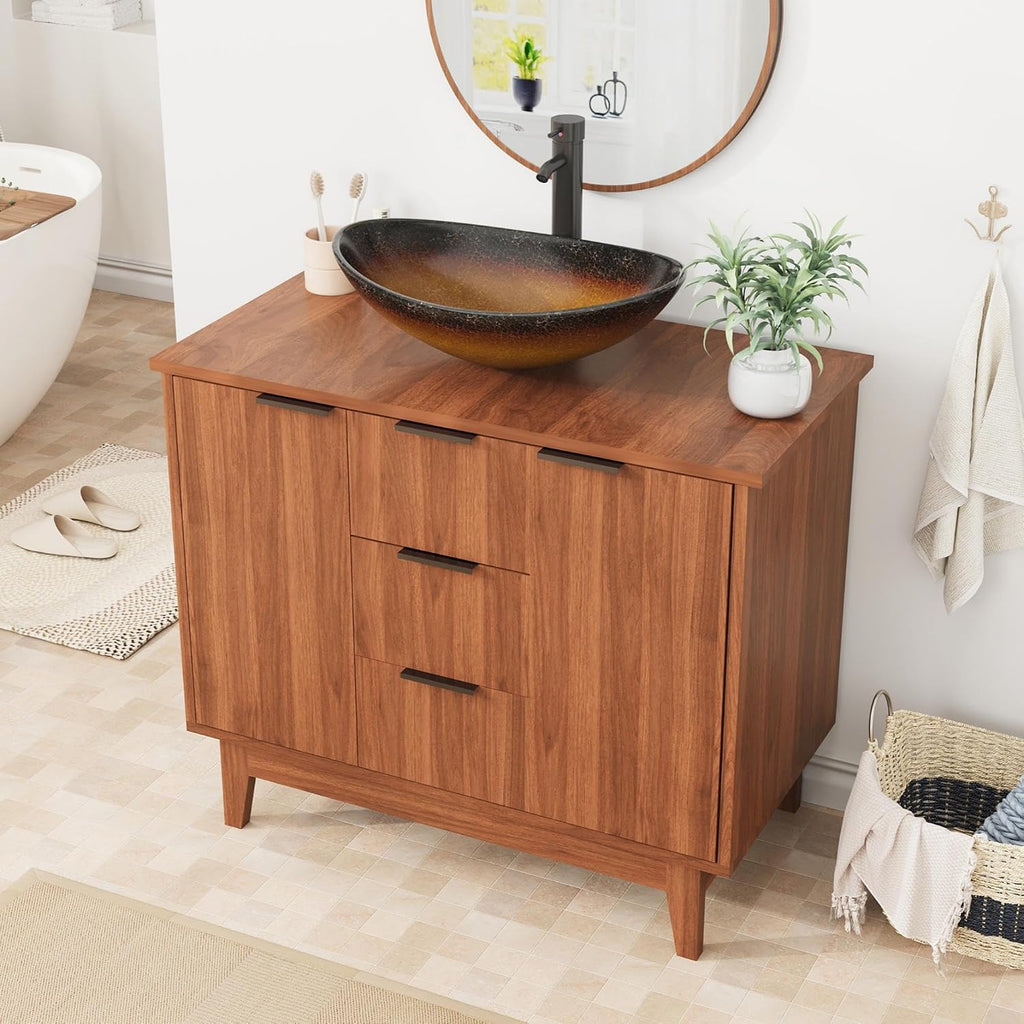 EROMMY 36 Inch Bathroom Vanity with Sink Combo, Bathroom Vanity with 3 Soft-Close Drawers, 2 Doors & Boat Glass Sink, Rustic Bathroom Cabinet Includes Adjustable Shelf, Water Tap & Sink Accessories