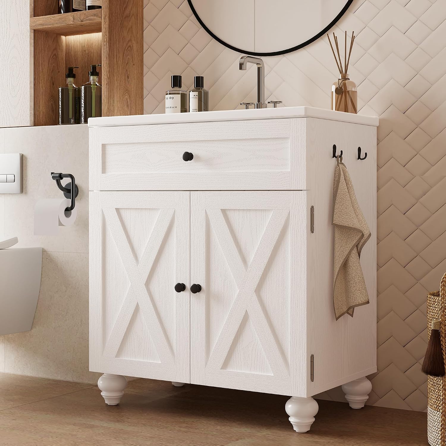 ModernMate 30 Inch Bathroom Vanity with Sink Easy-to-Install Farmhouse Bathroom Sink 2-Tier Storage Areas with Adjustable Shelves 4-Tier Storage Compartments Tip-Out Drawer 2 Hooks Solid Wood Legs