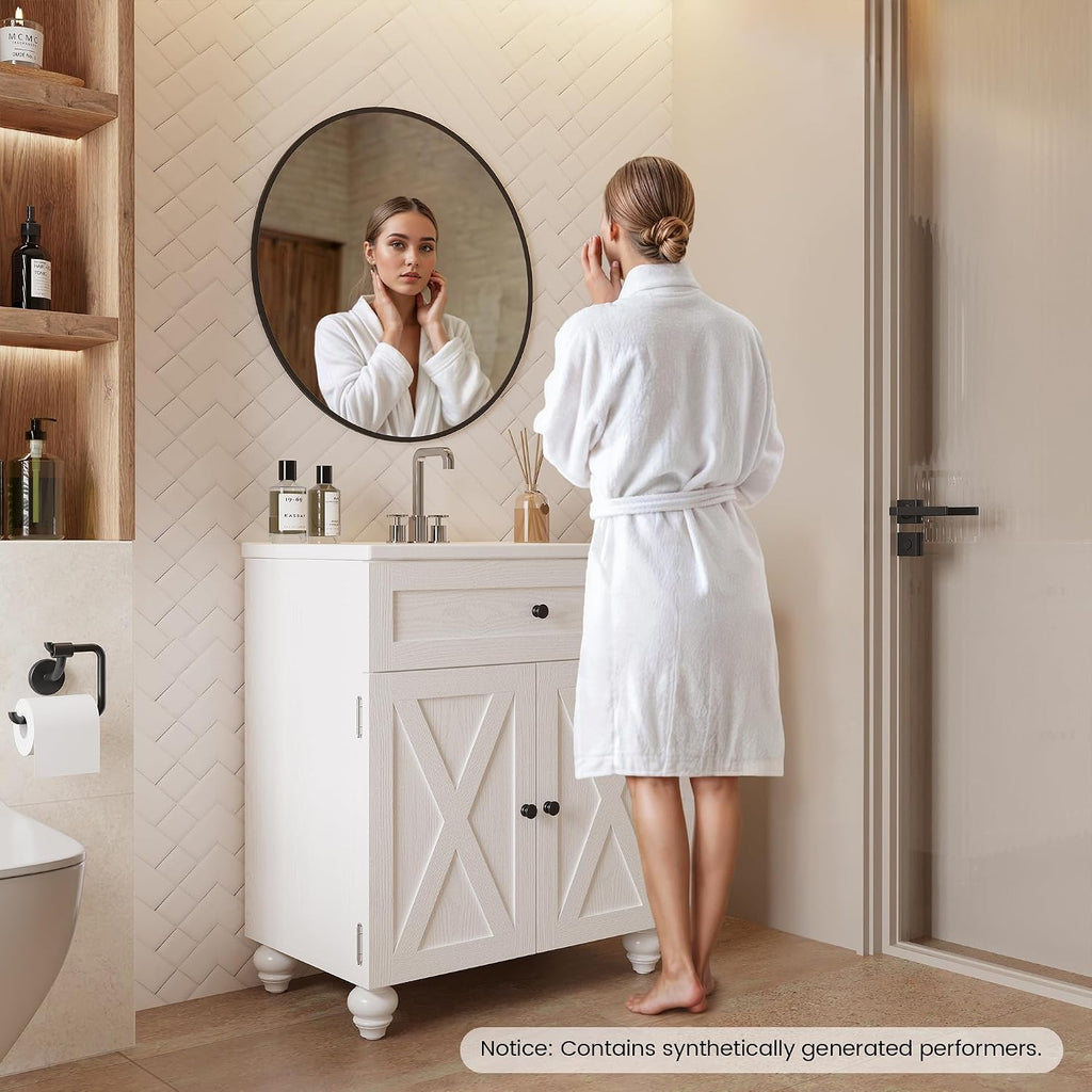 ModernMate 30 Inch Bathroom Vanity with Sink Easy-to-Install Farmhouse Bathroom Sink 2-Tier Storage Areas with Adjustable Shelves 4-Tier Storage Compartments Tip-Out Drawer 2 Hooks Solid Wood Legs