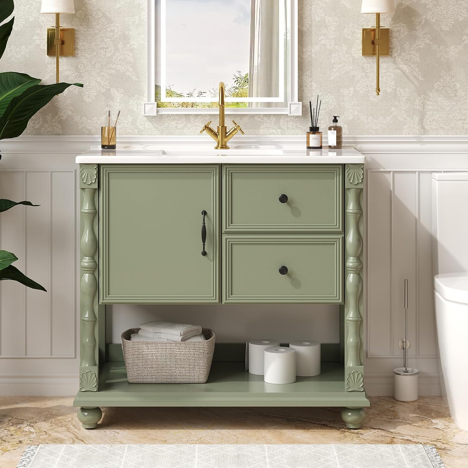 ONBRILL 36' Bathroom Vanity with Sink Combo, Modern Bathroom Vanities with Open Storage Shelf, 4 Solid Legs, Drawer, Door, Ceramic Integrated Sink, Freestanding Bath Storage Cabinet (Green)