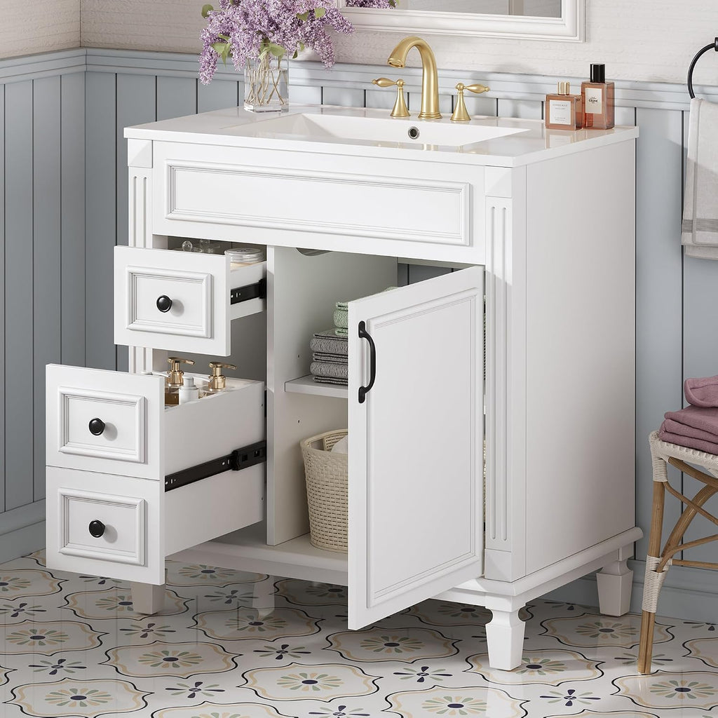 30 Inch White Bathroom Vanity with Sink & & Black Handles,Modern Bathroom Vanity with 2 Left Hand Drawers & Adjustable Shelf,Soft Closing Doors,Solid Wood Frame,French Embossed Front