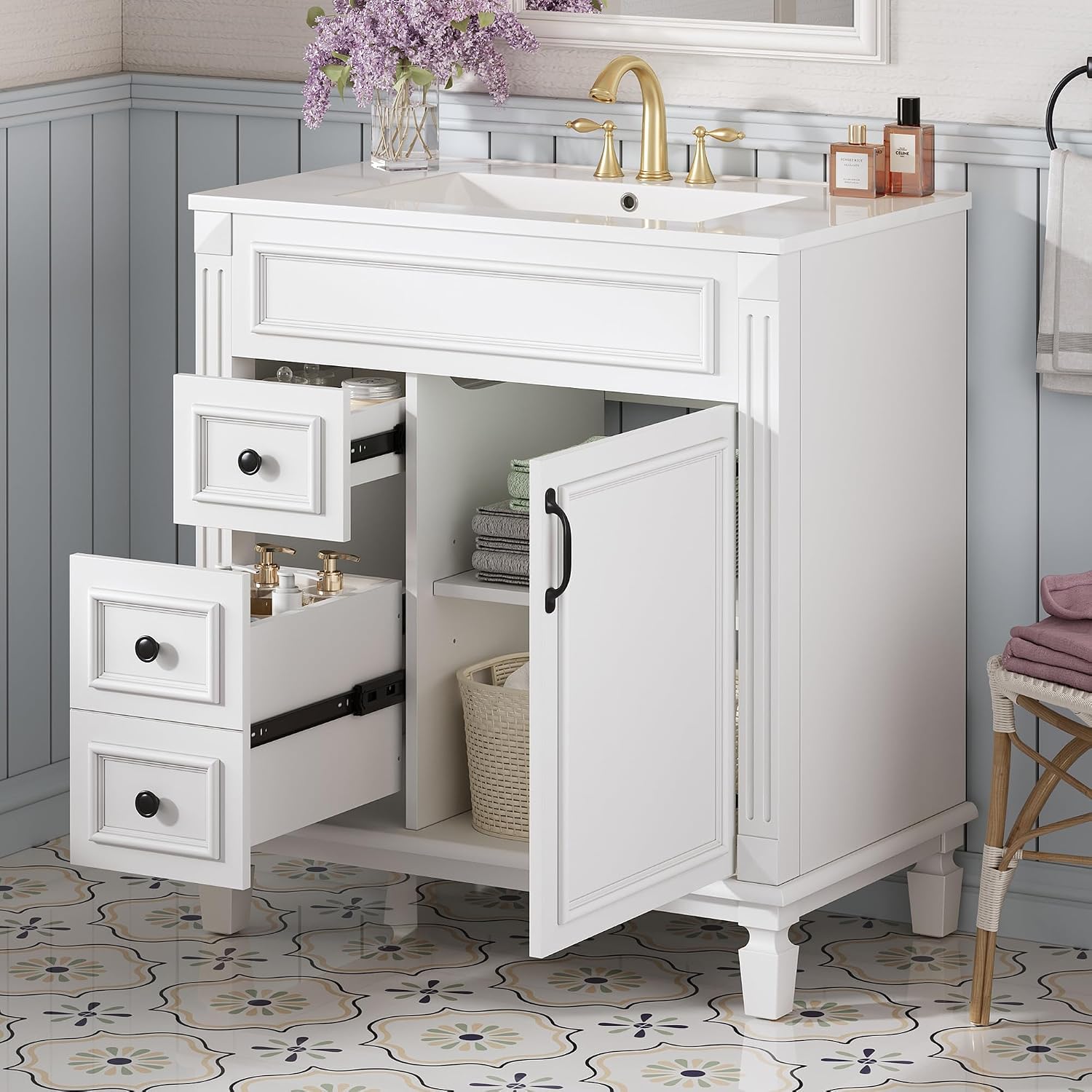 30 Inch White Bathroom Vanity with Sink & & Black Handles,Modern Bathroom Vanity with 2 Left Hand Drawers & Adjustable Shelf,Soft Closing Doors,Solid Wood Frame,French Embossed Front