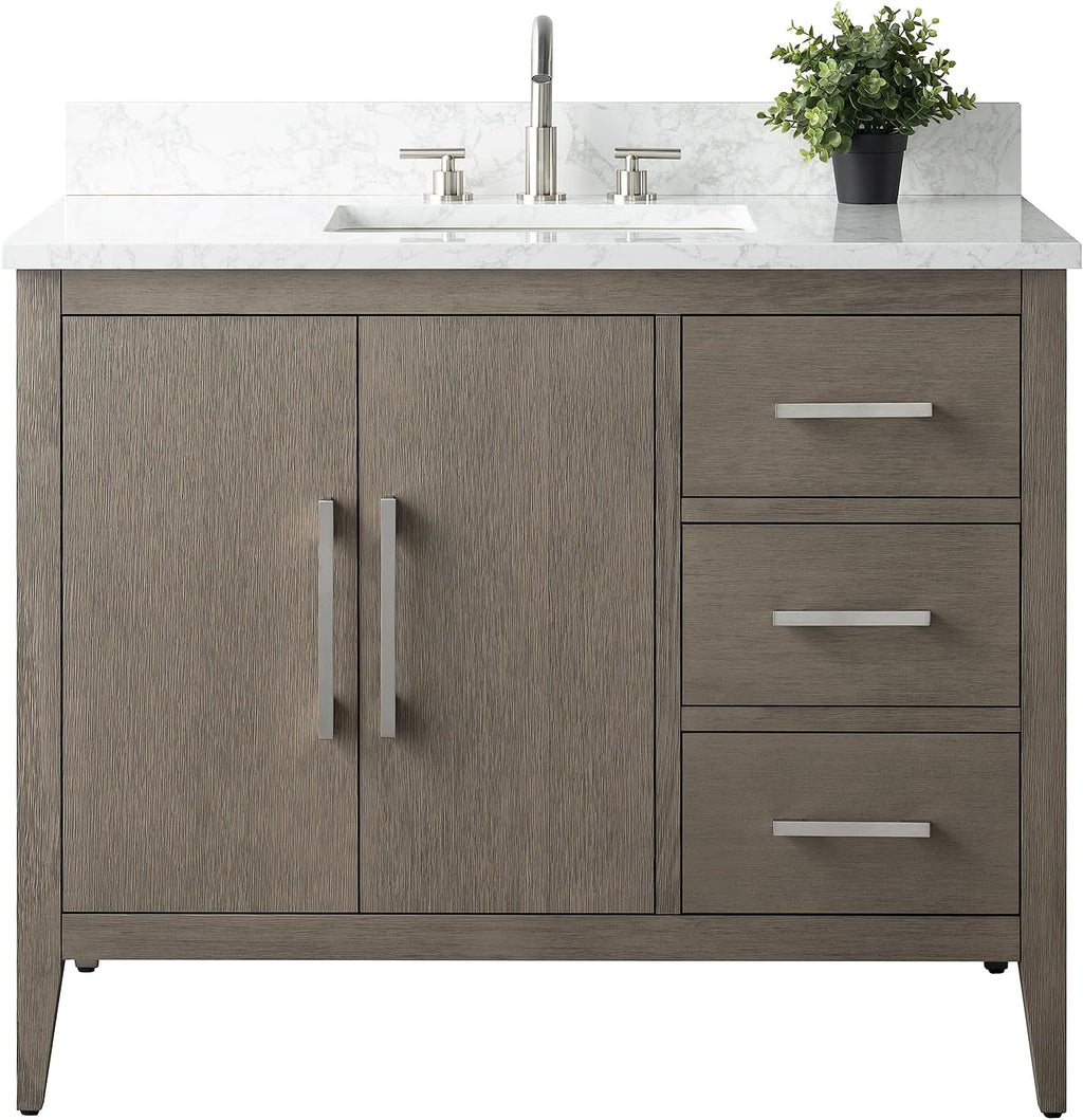 Vanity Art 42 inch Bathroom Vanity with Single Sink & Ceramic Top, Vanity Cabinet with Soft-Closing Doors, Drawers, Solid Wood Frame, Driftwood Gray, Brushed Nickle Handware