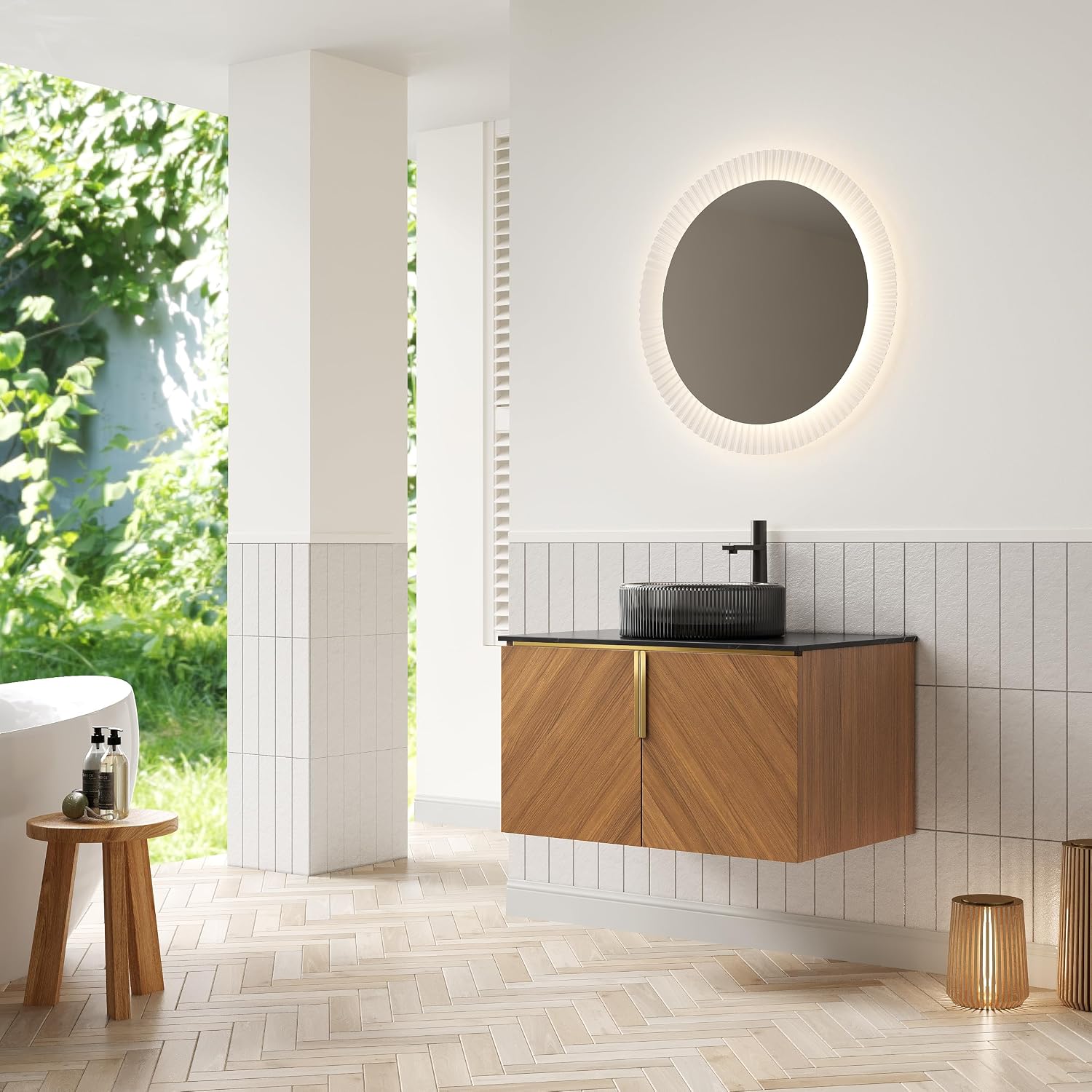 LKTART 30 Inch Bathroom Vanity with Sink, Modern Wall Mounted Bathroom Sink with 2 Doors, Black Sintered Stone Countertop and Black Round Glass Basin, Brown