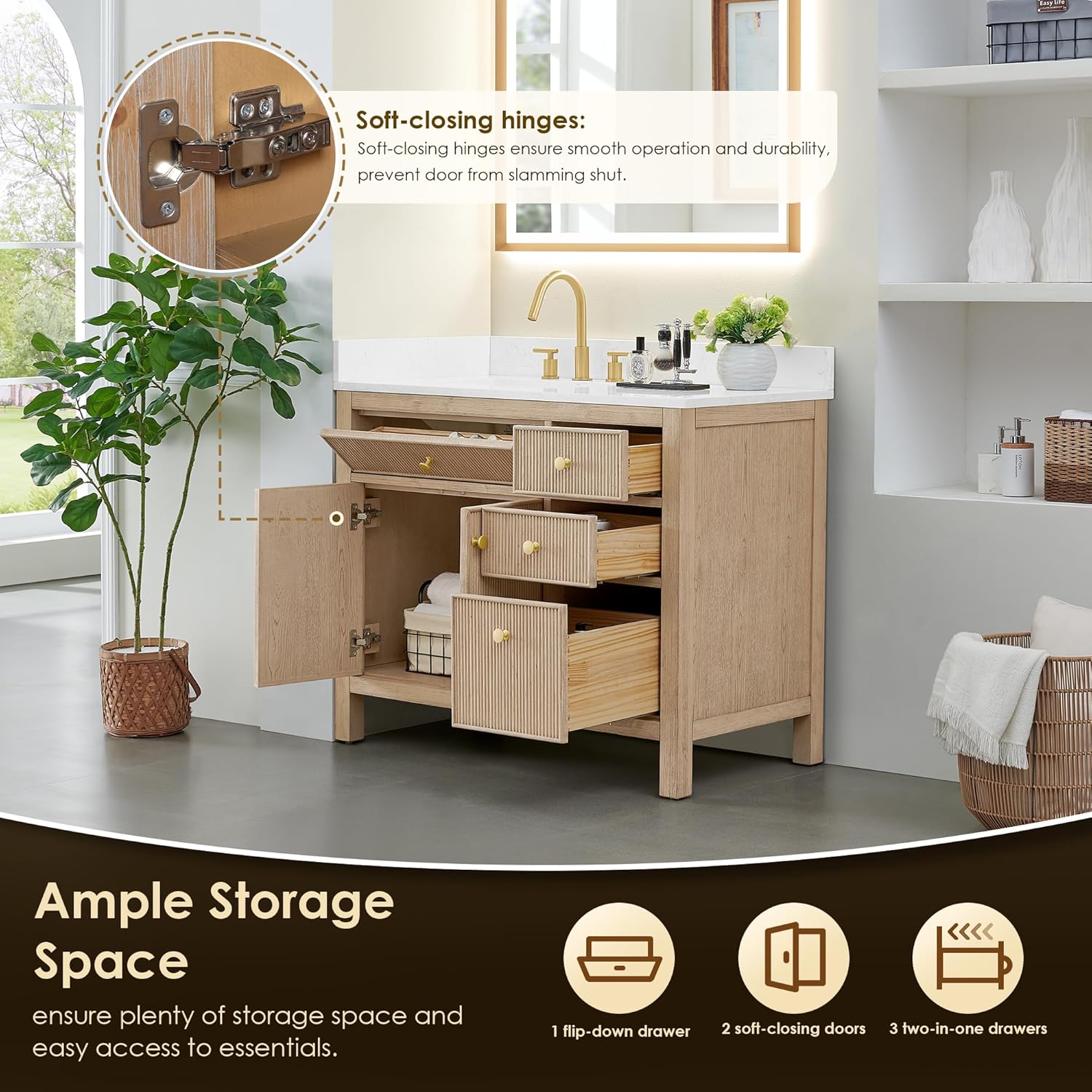 Cerrito 42' Wood Vanity in Natural Oak Grain Engineered Stone Top no Mirror