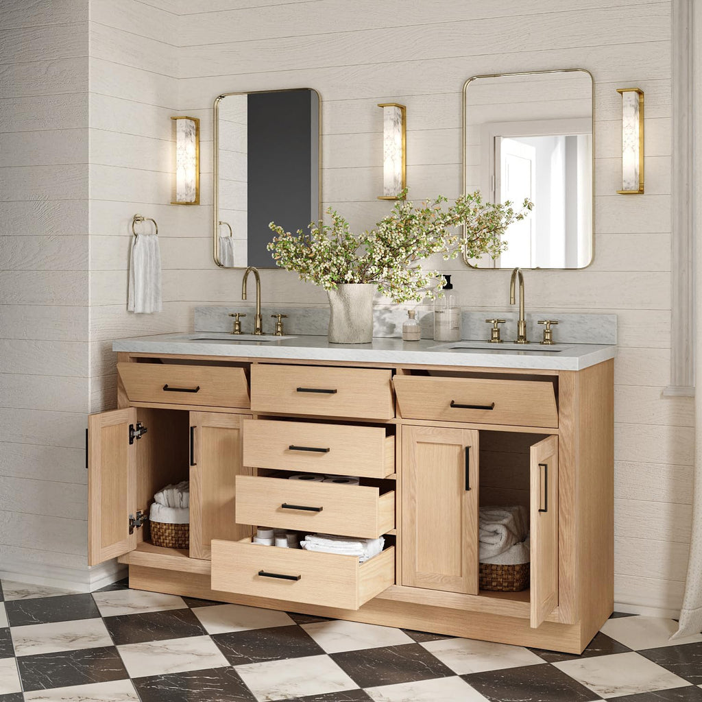 ARIEL Hepburn 66-inch Bathroom Vanity with Sink,Solid Wood, 1.5-inch Italian Carrara Marble Countertop, Double Rectangular Porcelain Sink, 4 Soft Closing Doors, 6 Dovetail Drawers, White Oak