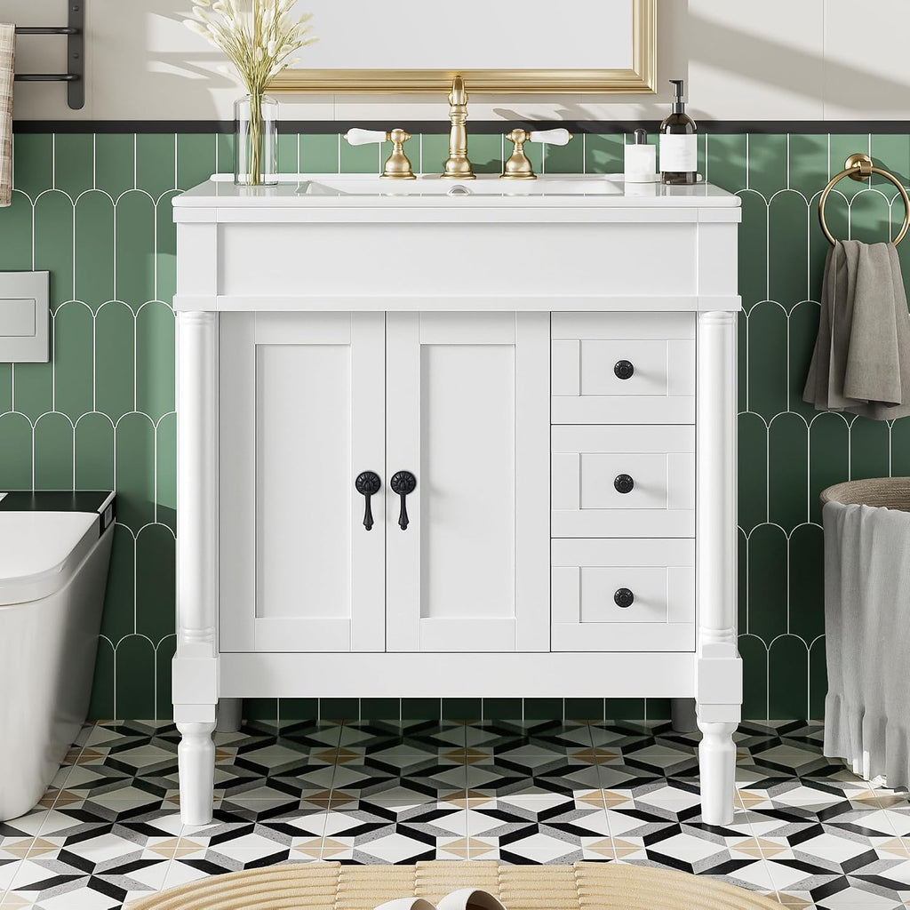 Favfurish 30' Bathroom Vanity with Ceramic Sink,2 Soft-Closing Doors and 3 Drawers,Bathroom Storage Cabinet Set w/U-Shaped Adjustable Shelf,Modern Elegant Design,Without Faucet,White