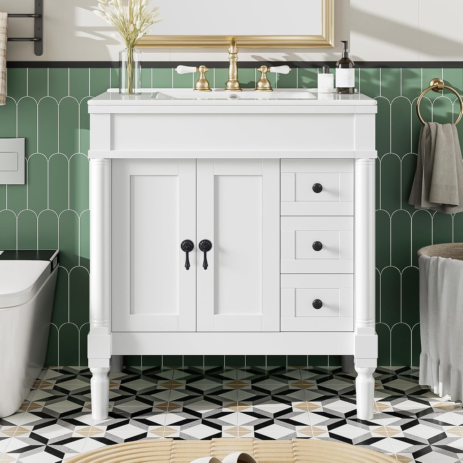Favfurish 30' Bathroom Vanity with Ceramic Sink,2 Soft-Closing Doors and 3 Drawers,Bathroom Storage Cabinet Set w/U-Shaped Adjustable Shelf,Modern Elegant Design,Without Faucet,White