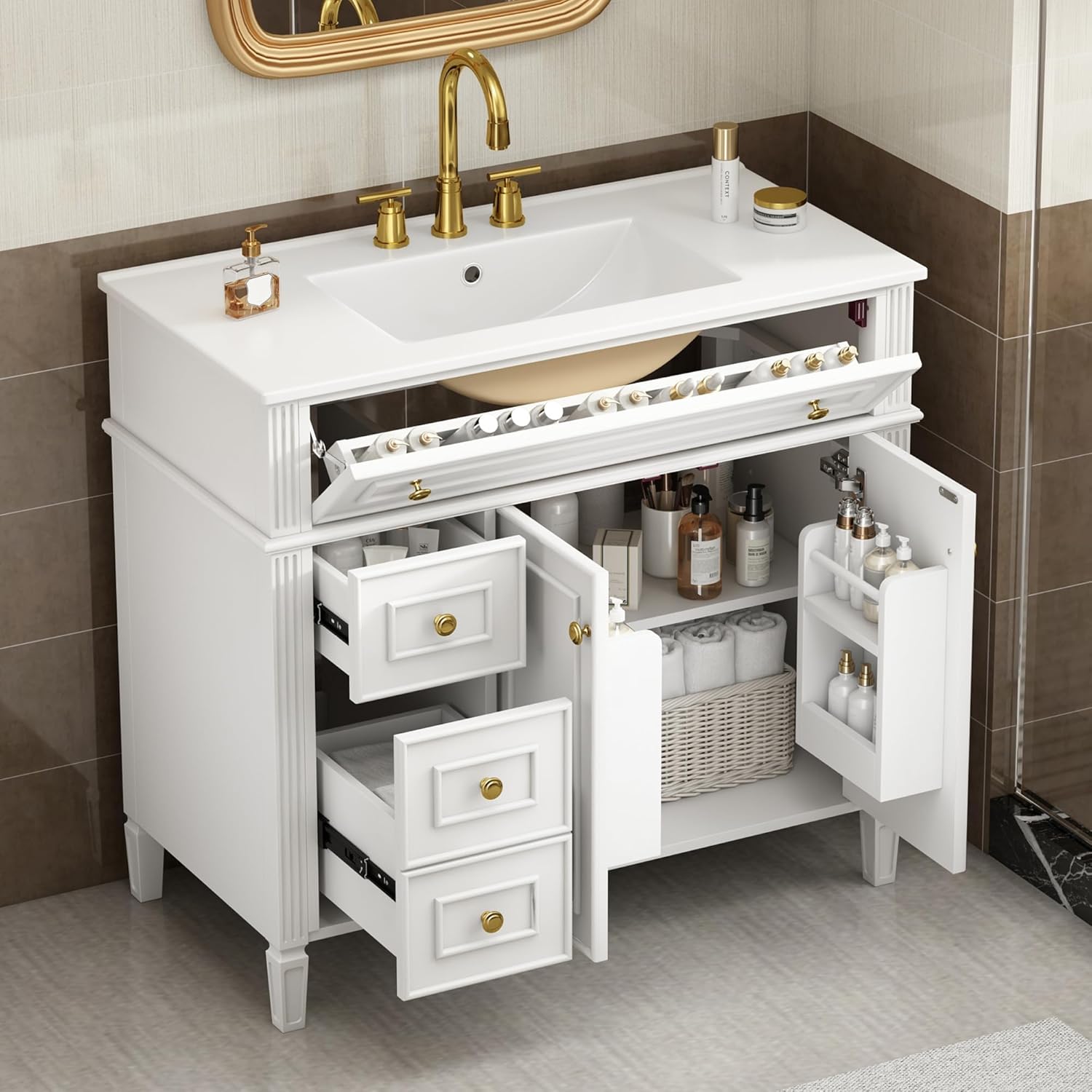 36' Bathroom Vanity Cabinet with Ceramic Countertop Sink Combo Set, Solid Wood Frame, Tilt-Out Drawers and Left Side Drawers, Soft Closing Door Hinges, Modern Style, White