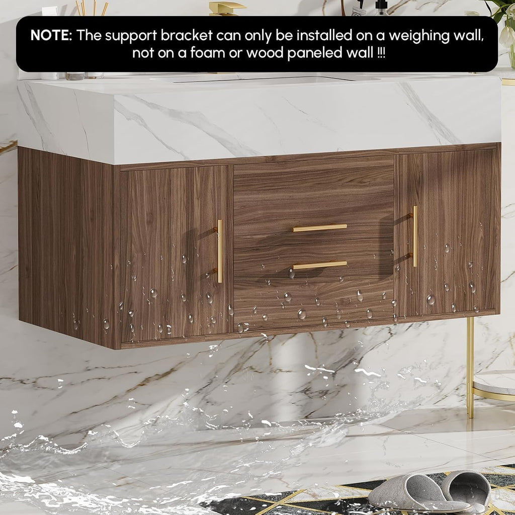 homary 39.4 inch Floating Bathroom Vanity with Single Sink, Modern Design with Sintered Stone Top & Undermount Sink, 2 Soft-Close Drawers for Master & Guest Bathrooms, Walnut