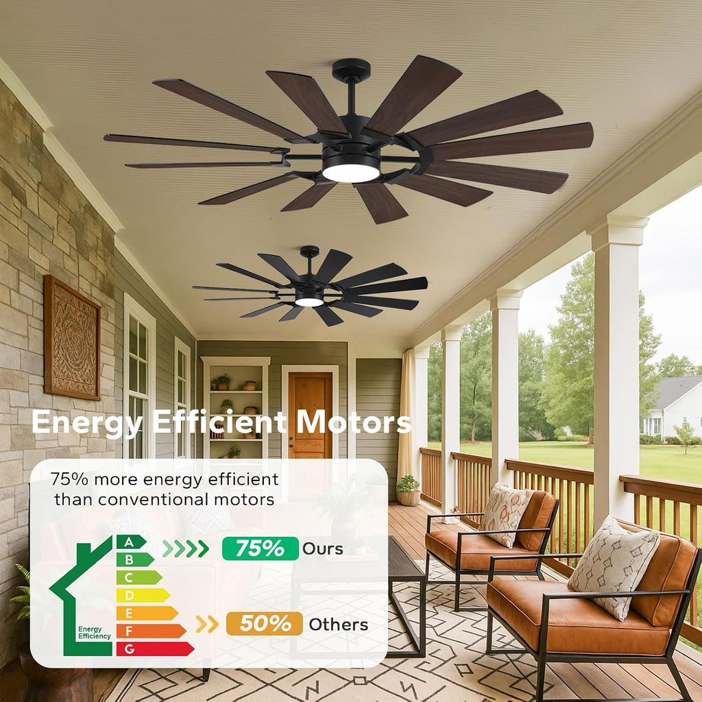 72 Inch Black Ceiling Fan with Light, 12 Dual-finish Blades Large Outdoor Ceiling Fan, Modern Industrial Cieling Fan with Reversible DC Motor, 3CCT, Dimmable LED for Garage, Patio, Indoor, Outdoor