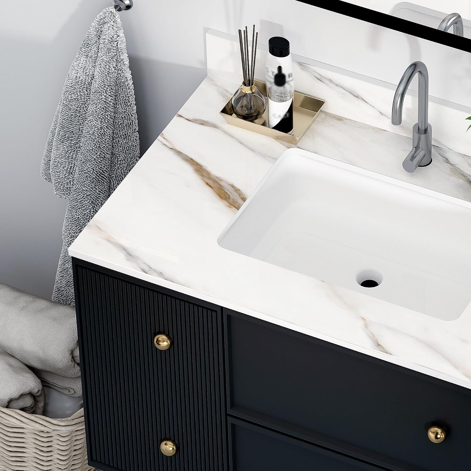 37 in Vanity Top with Sink, Marble Bathroom Vanity Top with 4' Backsplash, Pre-Drilled Faucet Single Holes, Undermount Rectangular Middle Sink, Sintered Stone Vanity Tops (Cabinet Not Included)
