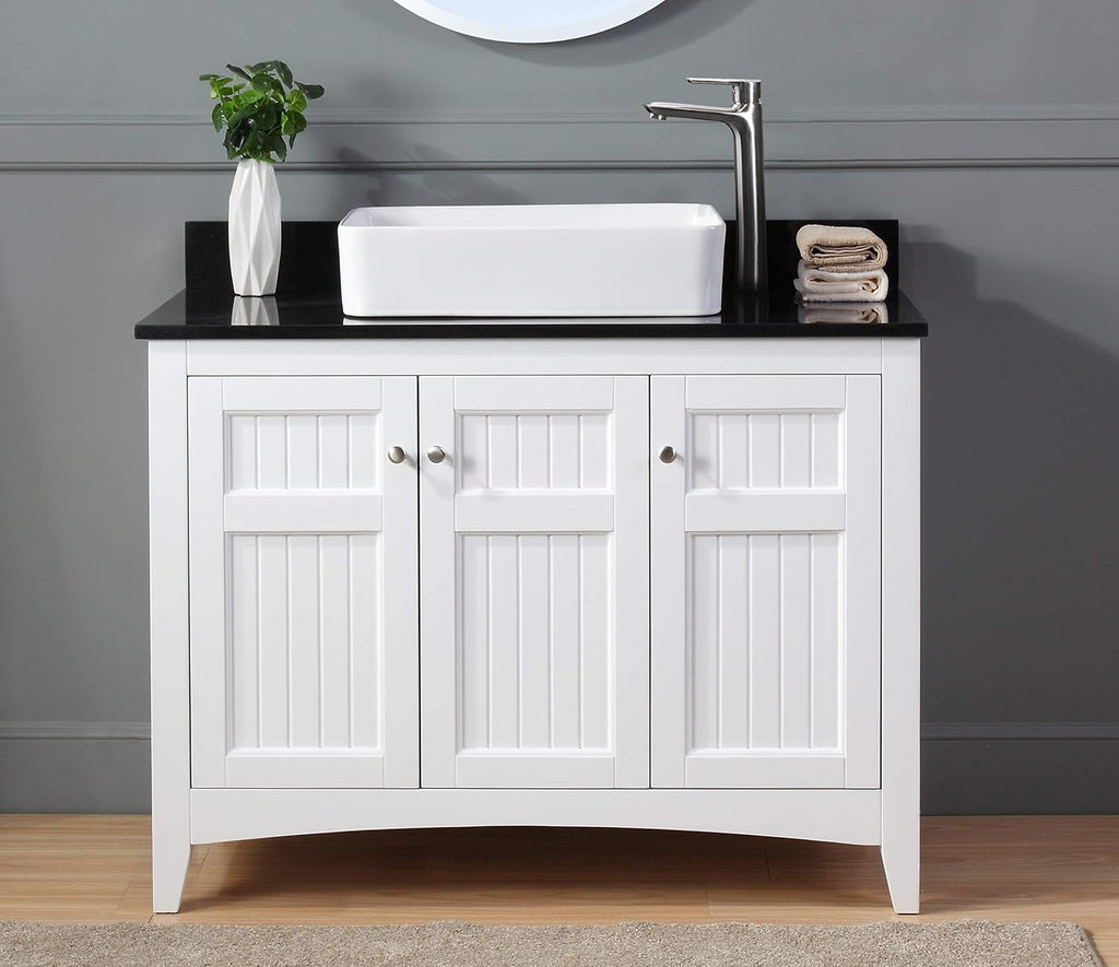 42' Triadsville White Vanity with Black Granite Top, Vessel Style Bathroom Sink, Soft-Closing Doors, Full Extension Drawer, Brushed Nickel Hardware