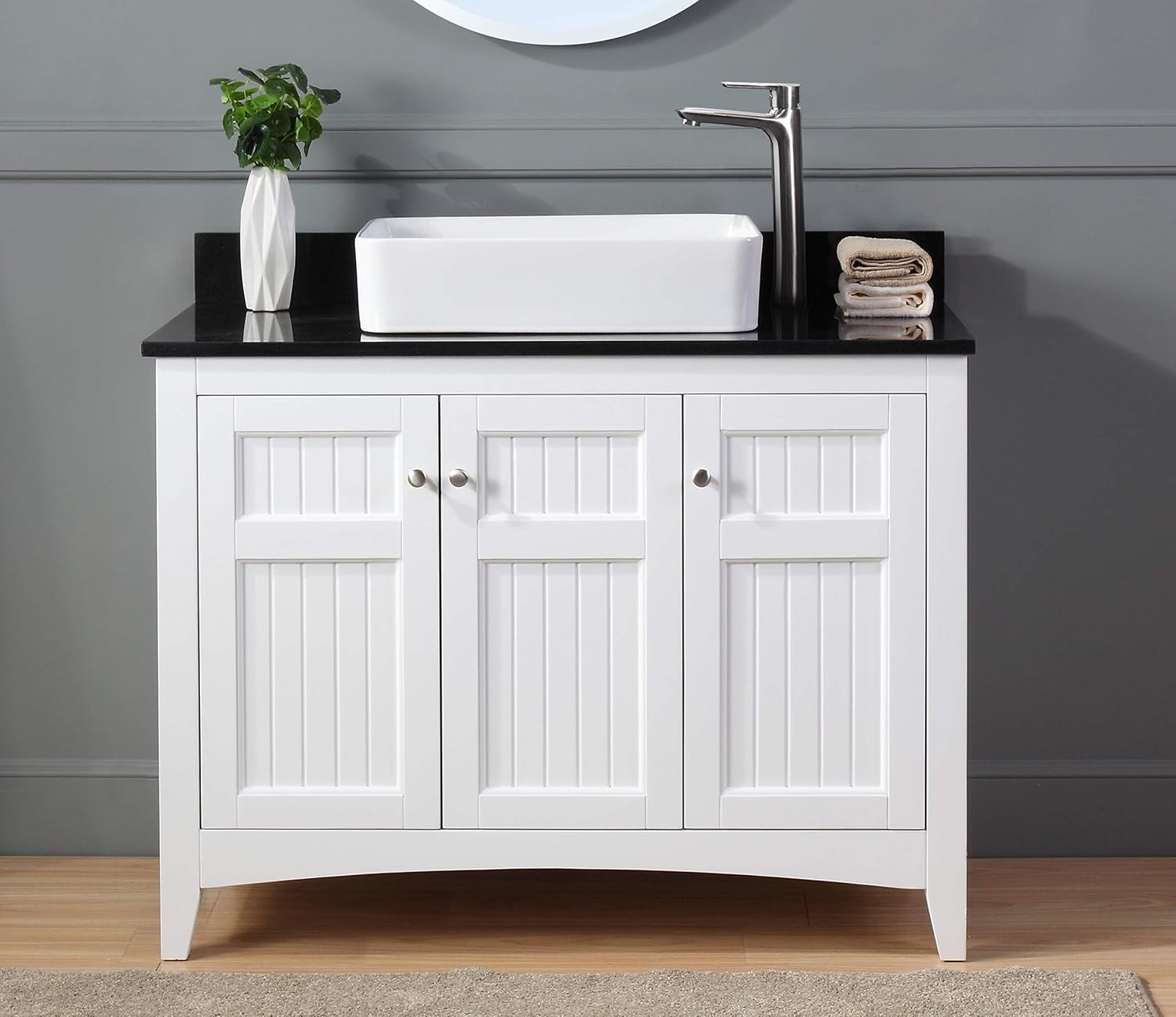 42' Triadsville White Vanity with Black Granite Top, Vessel Style Bathroom Sink, Soft-Closing Doors, Full Extension Drawer, Brushed Nickel Hardware