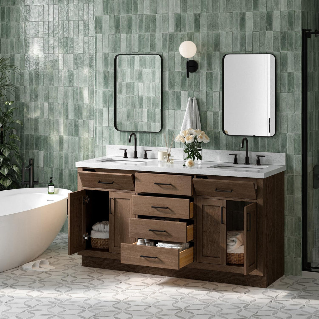 ARIEL Hepburn 66-inch Bathroom Vanity with Sink,Solid Wood, 1.5-inch Italian Carrara Marble Countertop, Double Rectangular Porcelain Sink, 4 Soft Closing Doors, 6 Dovetail Drawers, Brown Oak