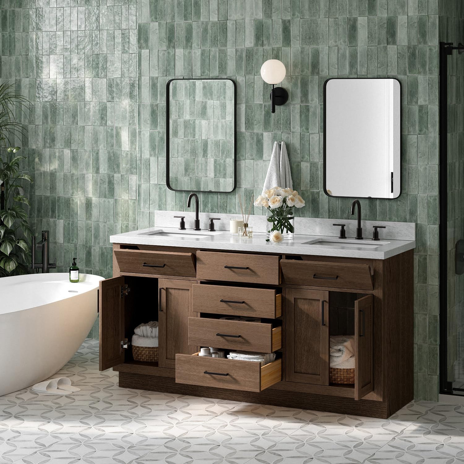ARIEL Hepburn 66-inch Bathroom Vanity with Sink,Solid Wood, 1.5-inch Italian Carrara Marble Countertop, Double Rectangular Porcelain Sink, 4 Soft Closing Doors, 6 Dovetail Drawers, Brown Oak