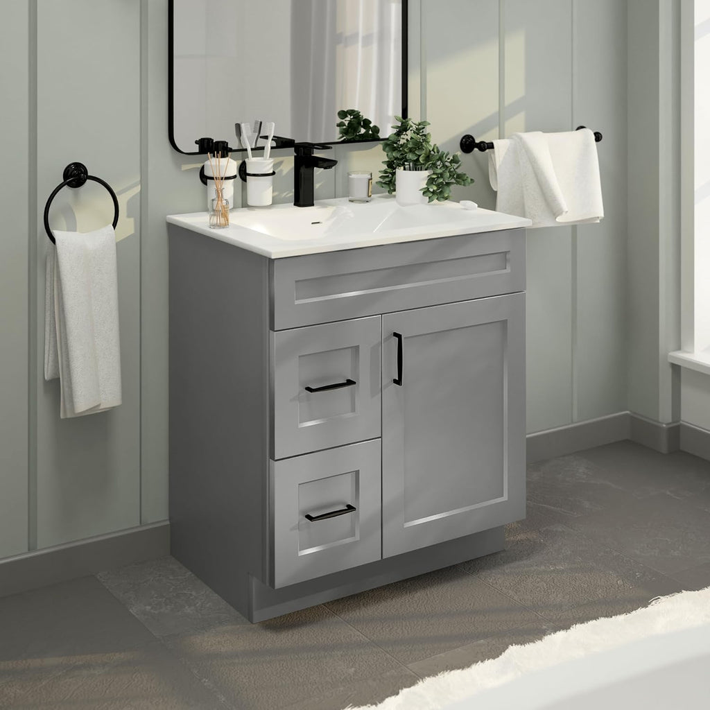 30' Shaker Bathroom Vanity Sink Base with Drawers (Ready-to-Assemble) (Light Grey Shaker Vanity Base)