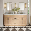 ARIEL Hepburn 66-inch Bathroom Vanity with Sink,Solid Wood, 1.5-inch Italian Carrara Marble Countertop, Double Rectangular Porcelain Sink, 4 Soft Closing Doors, 6 Dovetail Drawers, White Oak