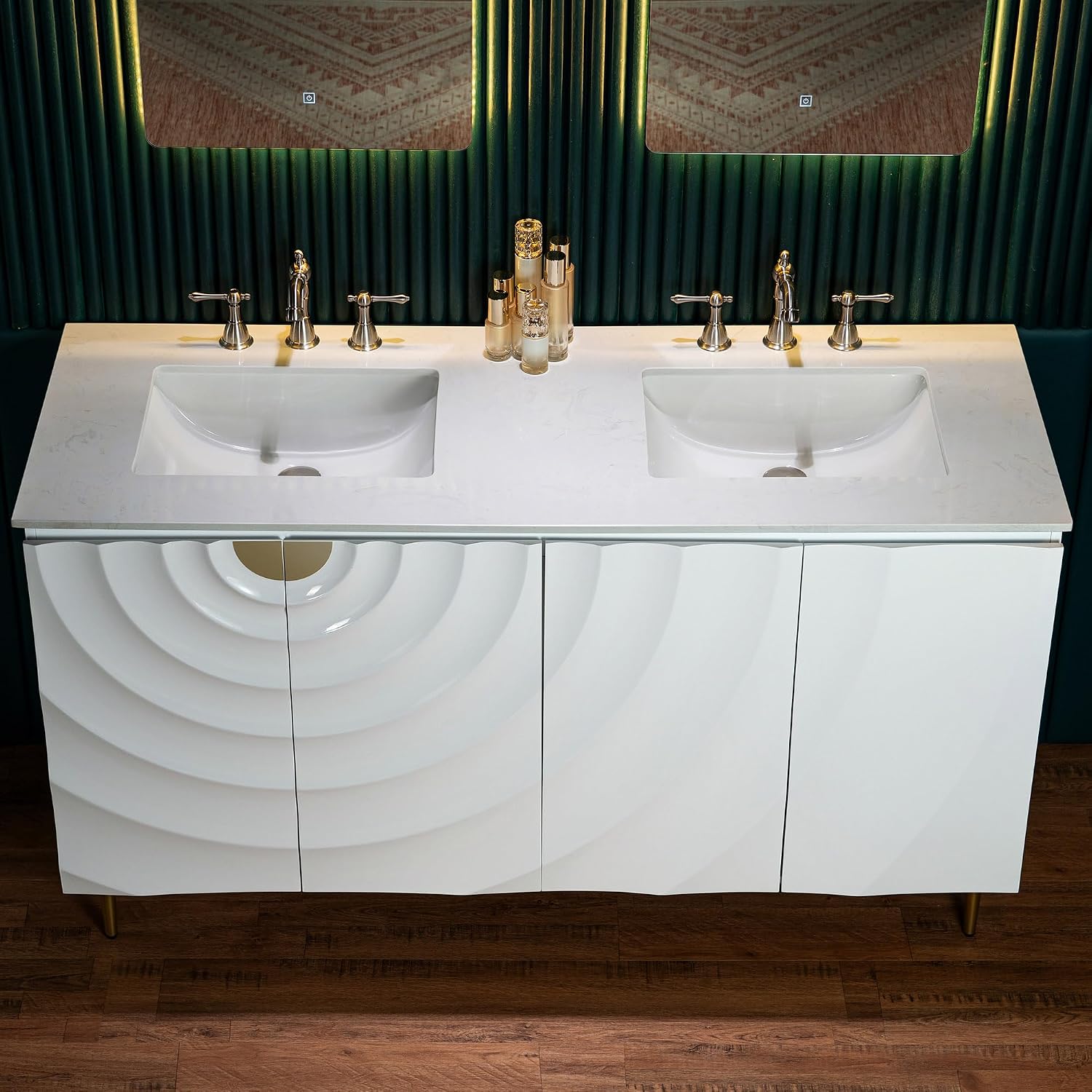 Woodbridge 60'x22' Bathroom Vanity with Double Ceramic Undermount Sinks, White Engineered Stone Top,3D Wave Pattern Cabinet Doors, Sleek Thin Legs,Glossy White Finish for a Clean, Modern Look