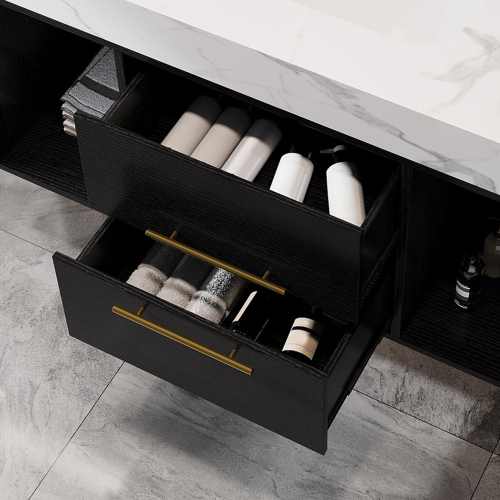 40 inch Bathroom Vanity with Ceramic Sink and Sinter Stone Marble Counter Top Modern Wall Mounted Floating Bathroom Sink Cabinet with 2 Drawers&2 Open Shelves&Gold Metal Handle,Black