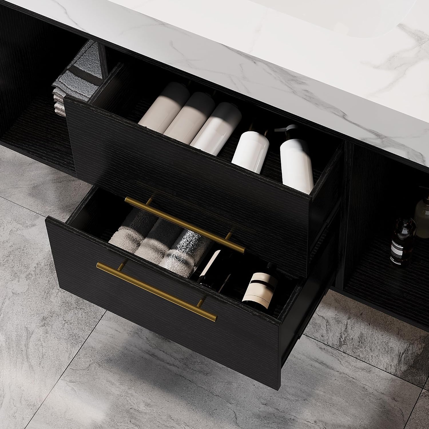 40 inch Bathroom Vanity with Ceramic Sink and Sinter Stone Marble Counter Top Modern Wall Mounted Floating Bathroom Sink Cabinet with 2 Drawers&2 Open Shelves&Gold Metal Handle,Black