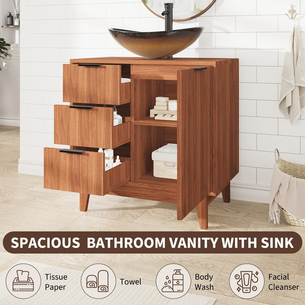 EROMMY 30 Inch Bathroom Vanity with Sink Combo, Bathroom Vanity with 3 Soft-Close Drawers, Adjustable Shelf & Boat Glass Sink, Rustic Standing Bathroom Cabinet Includes Water Tap & Sink Accessories