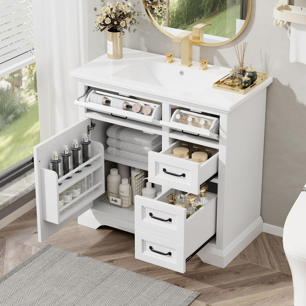 36' Bathroom Vanities Cabinet with Ceramic Sink Set Combo, Tip-Out Drawers, Storage Organizer Door Shelf, Soft-Closing Door, White