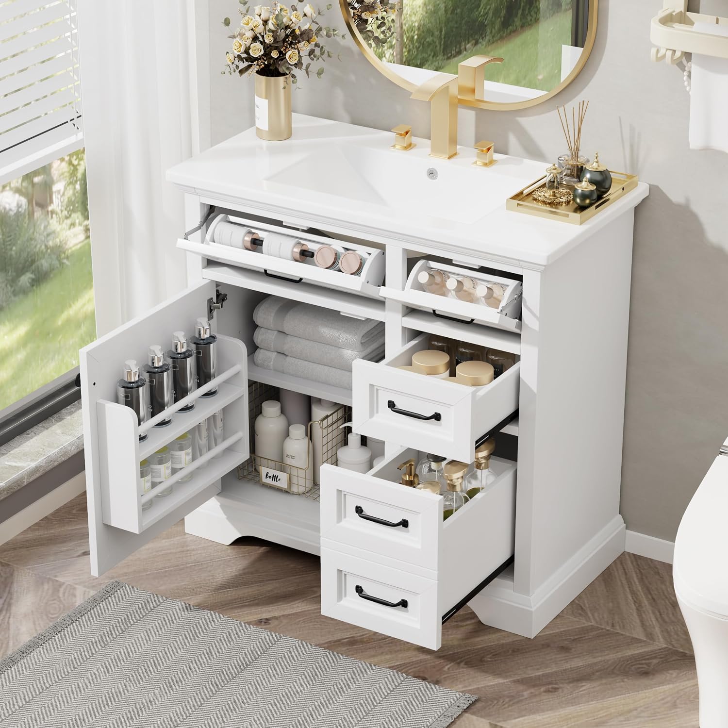36' Bathroom Vanities Cabinet with Ceramic Sink Set Combo, Tip-Out Drawers, Storage Organizer Door Shelf, Soft-Closing Door, White