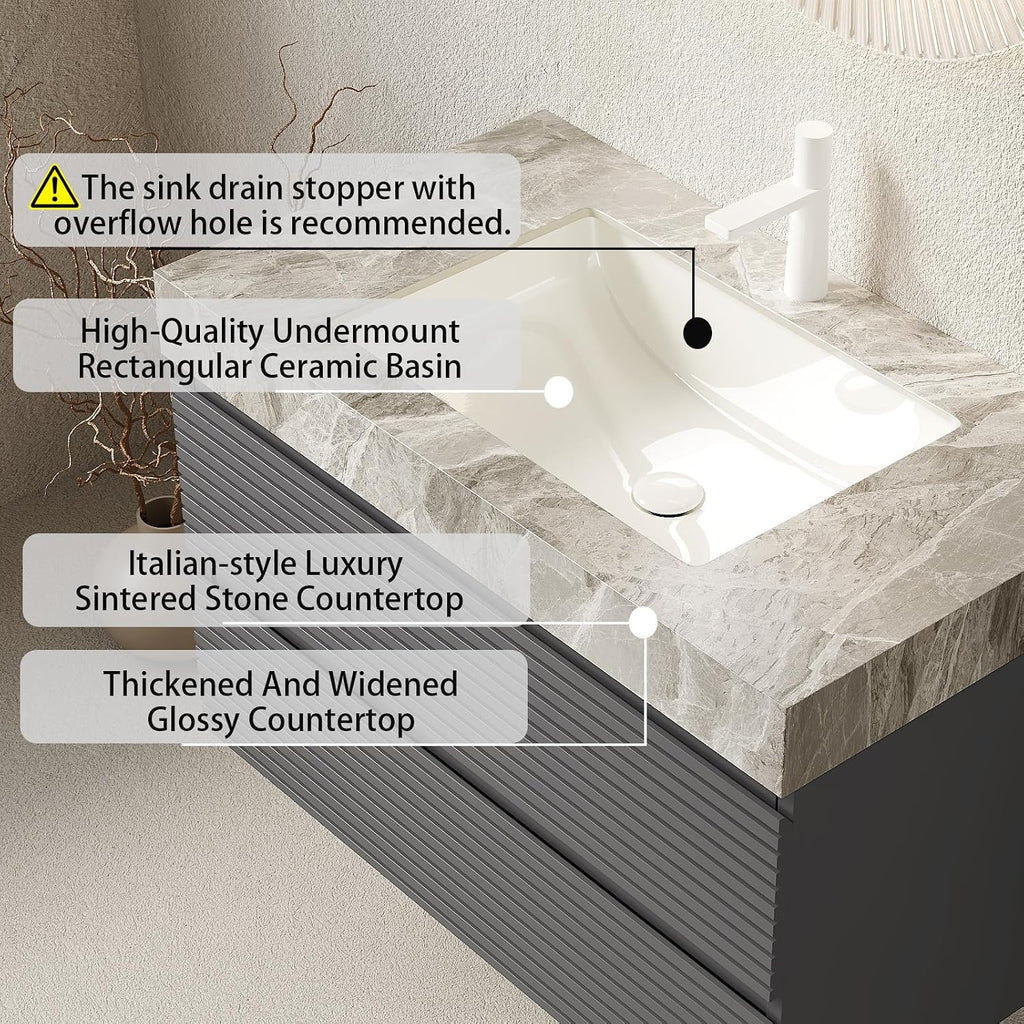 Eleshine 36' Bathroom Vanity with Undermount Sink, Floating Plywood Fluted Storage Cabinet with 2 Drawers, Itlay Light Gray with Stone Pattern Sintered Stone Top, Gray