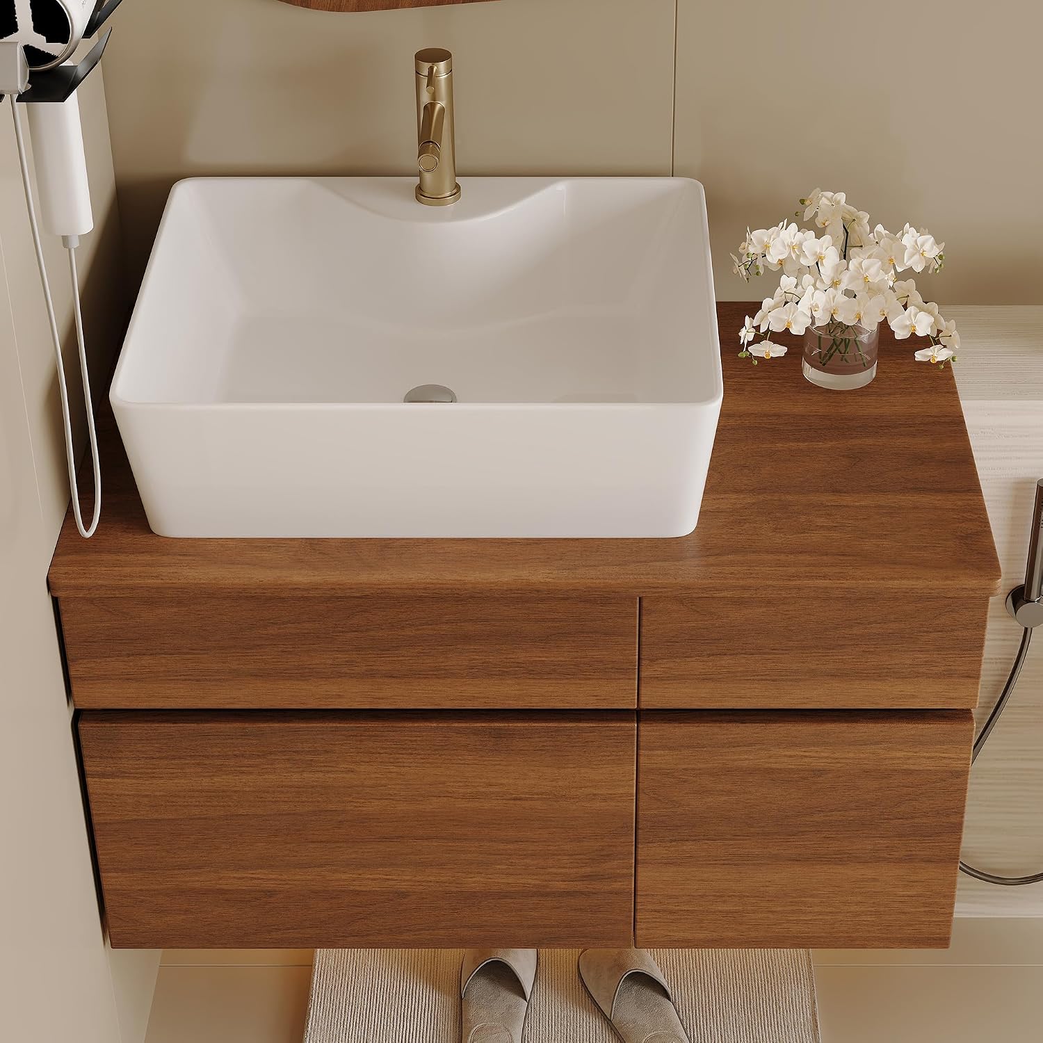 32' Floating Bathroom Vanity with Single Sink, Modern Wall Mounted Bathroom Vanities with Above Ceramic Basin, Wood Bathroom Vanity Cabinet with 1 Drawers and 2 Storage Cabinets, Walnut
