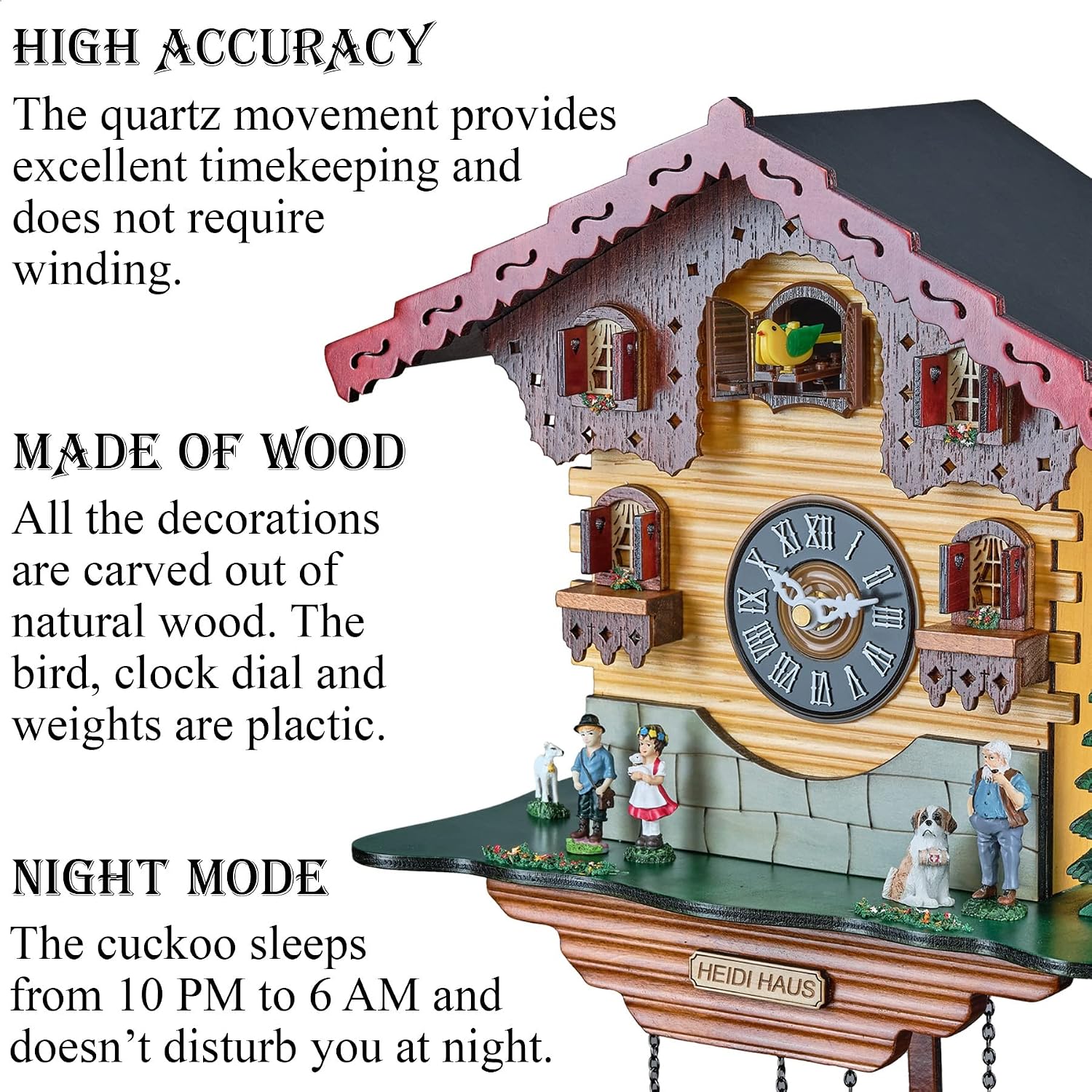 TIMEGEAR Cuckoo Wall Clock with Quartz Movement and Night Mode in Traditional German Style