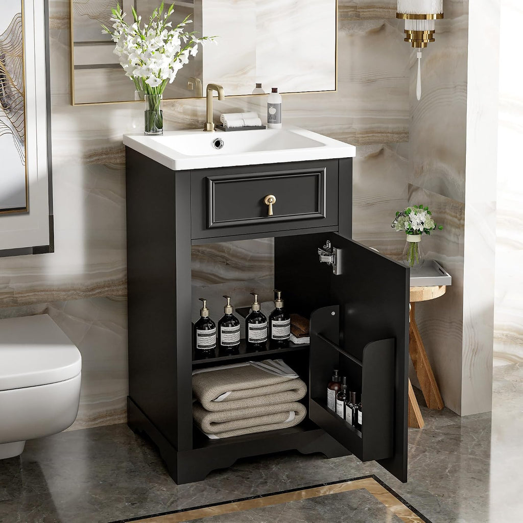 20-inch Bathroom Vanity with Sink, Free Standing Vanity Cabinet with One Door, Storage Rack, and Adjustable Shel, Solid Wood Vanity Set with Ceramic Sink for Bathroom (Black)