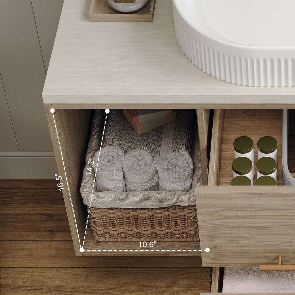 38.2' Floating Bathroom Vanities with Oval Ceramic Sink, Wall Mounted Bathroom Vanity Storage Cabinet with 2 Drawers and 2 Storage Spaces, Modern Bathroom Sink Cabinet with Gold Metal Handles,Oak