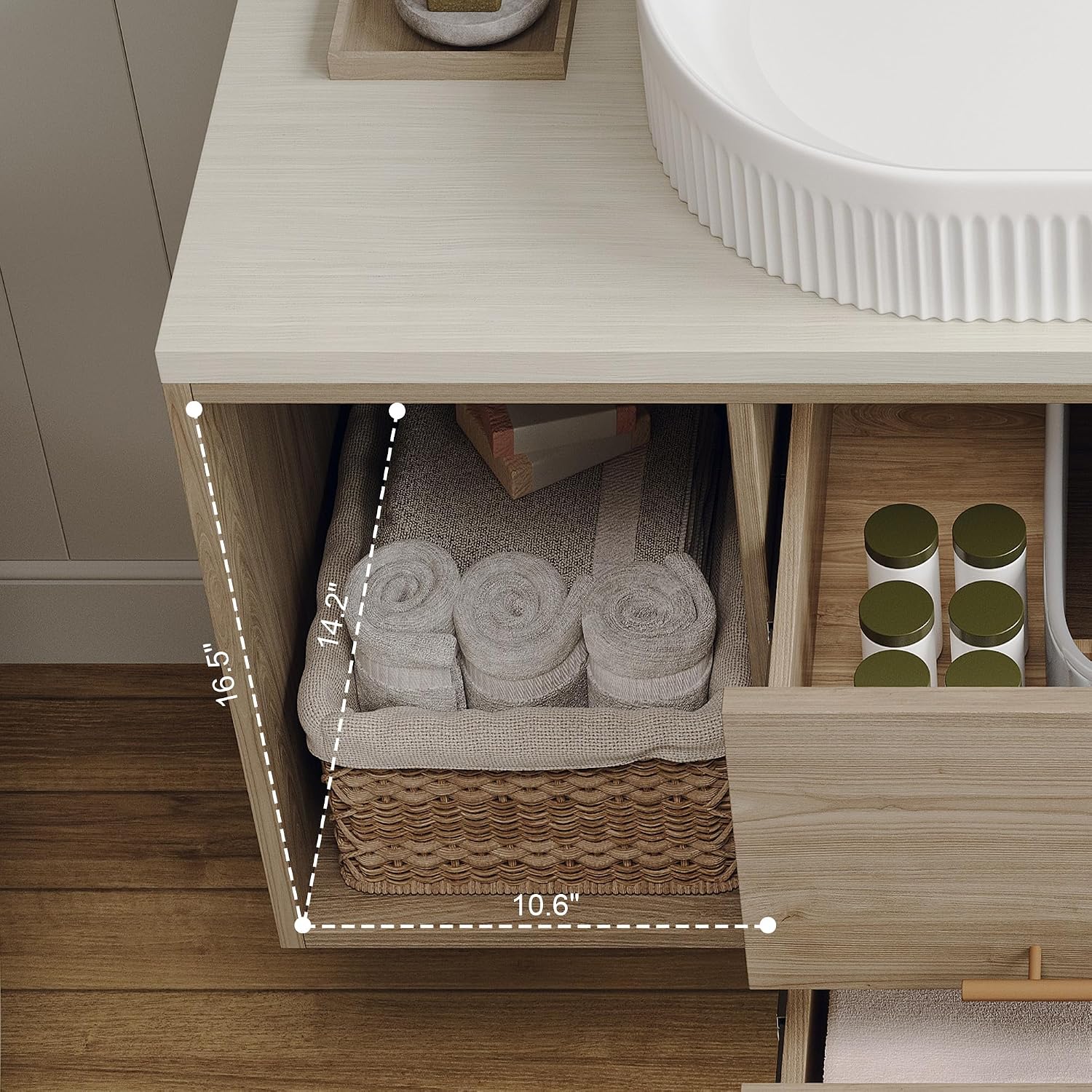38.2' Floating Bathroom Vanities with Oval Ceramic Sink, Wall Mounted Bathroom Vanity Storage Cabinet with 2 Drawers and 2 Storage Spaces, Modern Bathroom Sink Cabinet with Gold Metal Handles,Oak