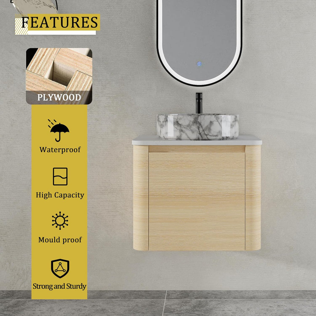 24 Inch Wall-Mounted Bathroom Vanity with Sink Combo Modern Floating Bathroom Vanitites with Round Ceramic Vessel Sink 24' Bathroom Sink Cabinet with Marble Counter Top & Soft Closing Door