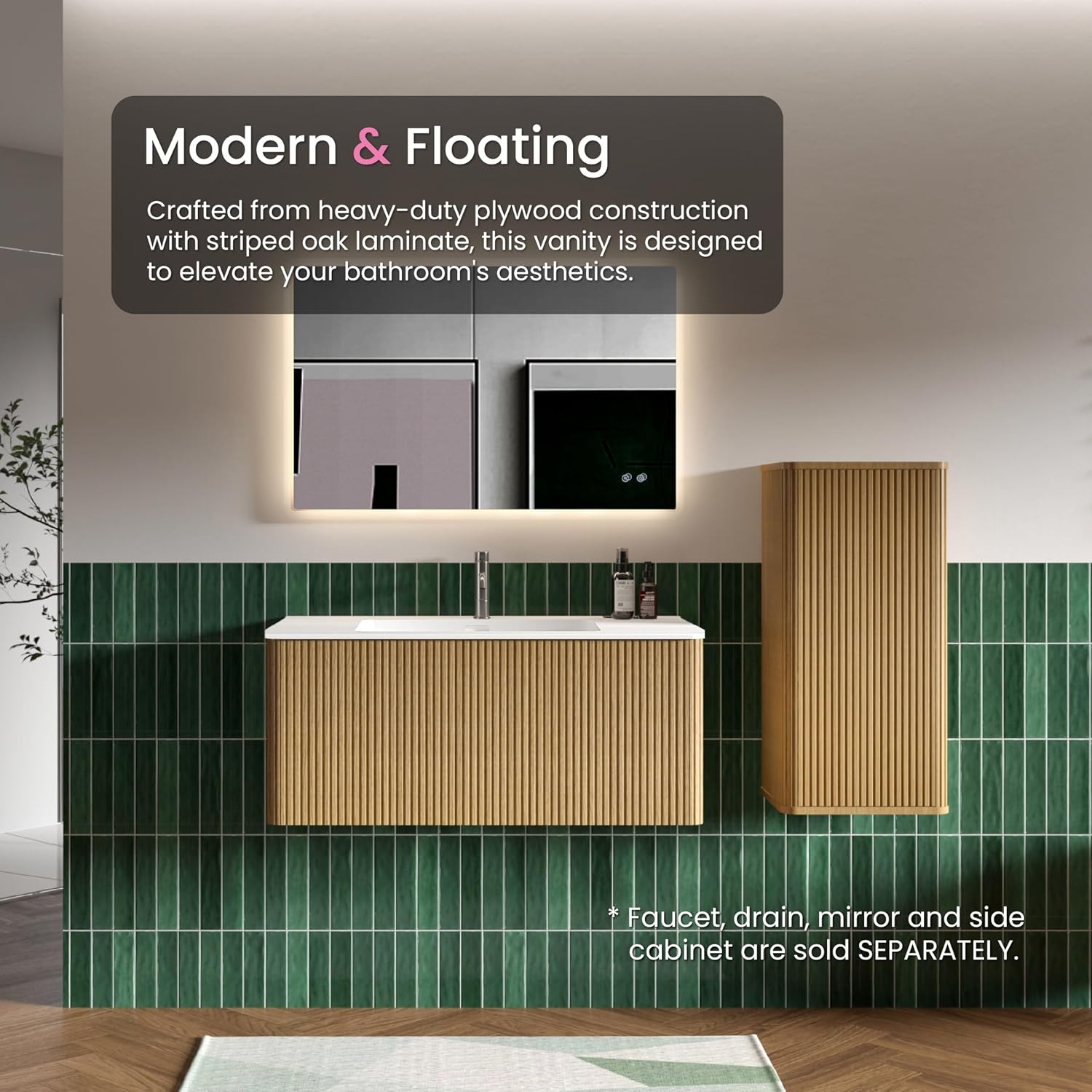 36' Bathroom Vanity with Sink, Modern Floating Vanity with Push Open Soft Close Drawer, Large Storage for Bathroom, Apartment, Hotel, Natural Oak, Fully Assembled - Camellia Collection