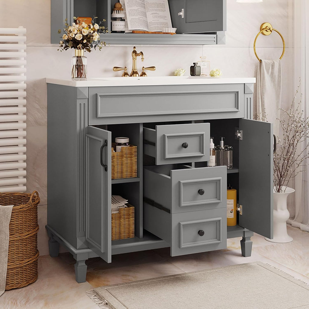 Virubi 36' 'Bathroom Vanity with Ceramic Sink, Traditional Bathroom Storage Cabinet with 2 Doors and 2 Drawers, Solid Wood Frame Bathroom Vanities